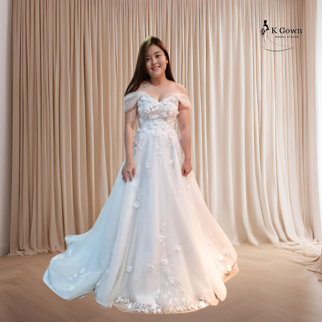 K GOWN WEDDING DRESS _ 3D FLORAL SHIMMERING CATHEDRAL TRAIN WEDDING DRESS WITH FULL SPARKLE